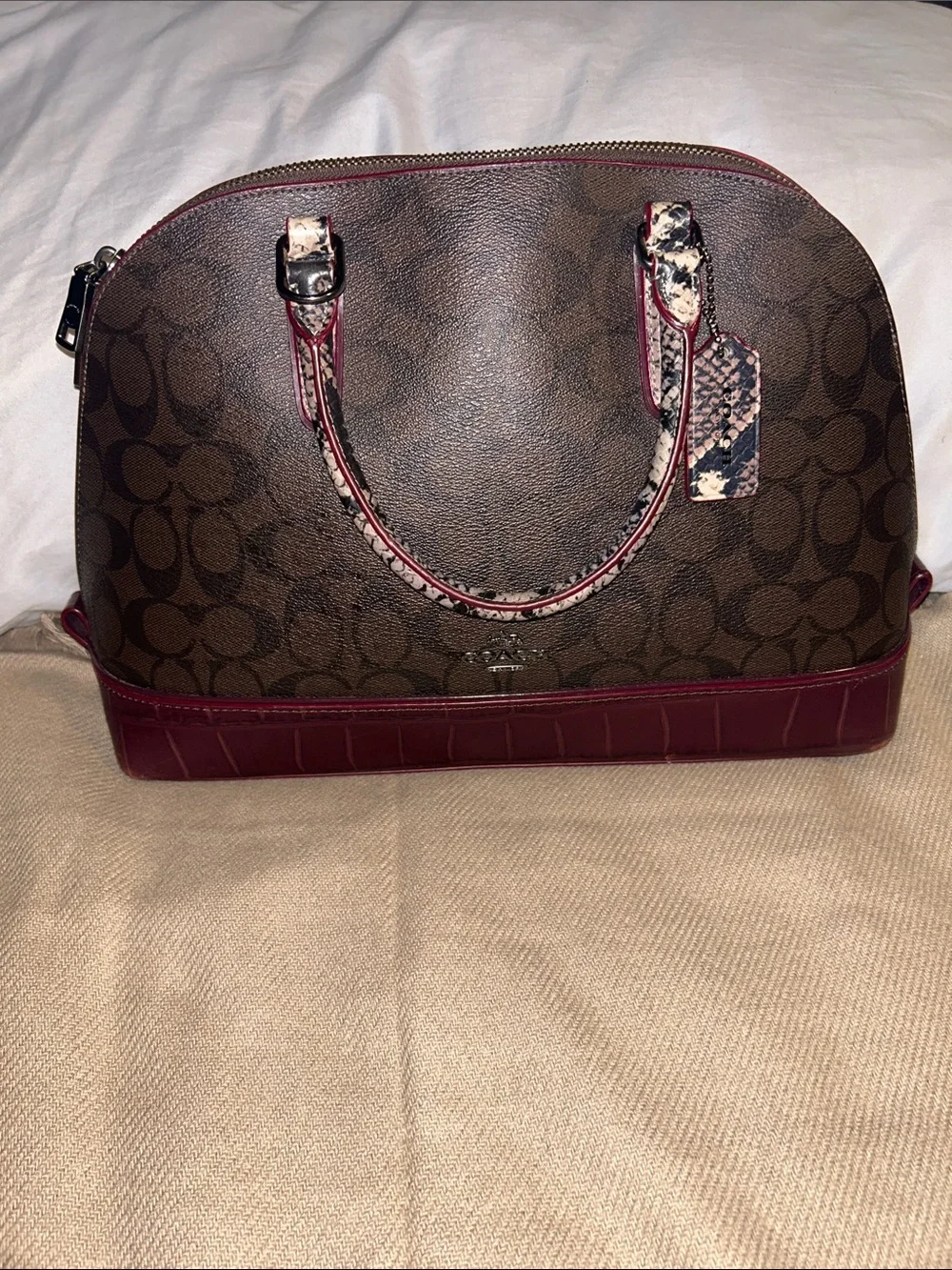 Coach Brown Signature Satchel with Burgundy Trim